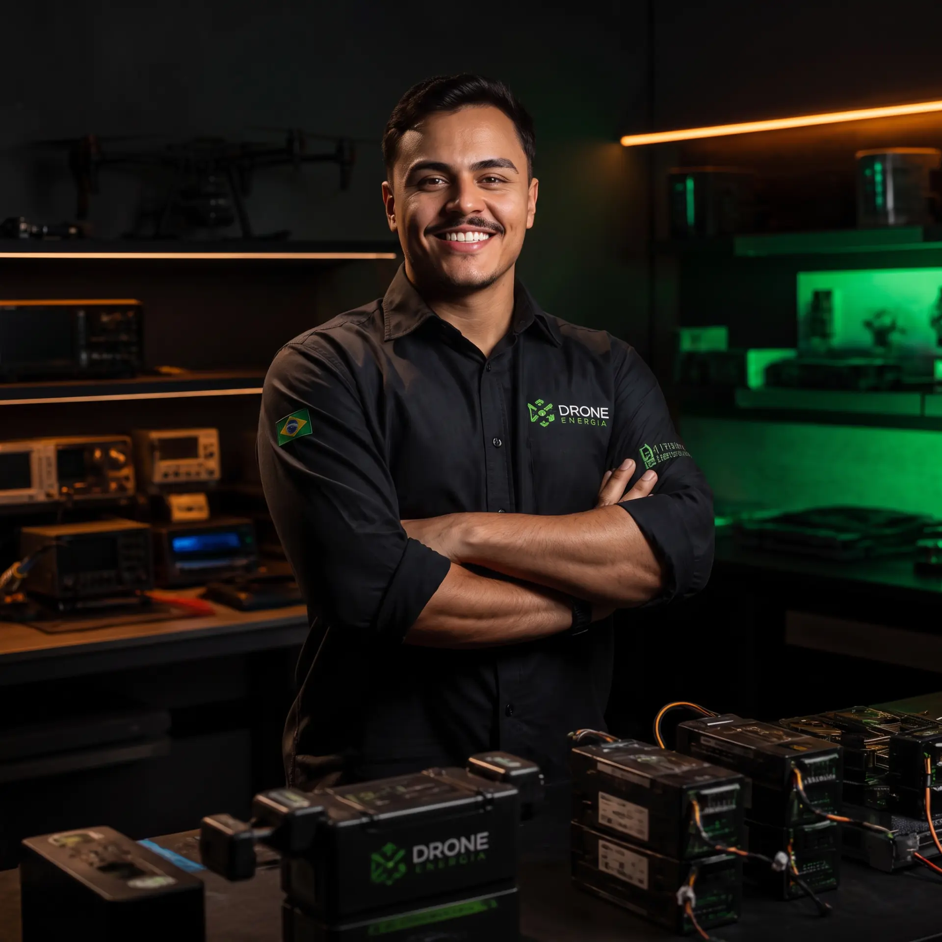 Retrato de Victor Bueno no laboratório de baterias da Névoa Agrodrones
